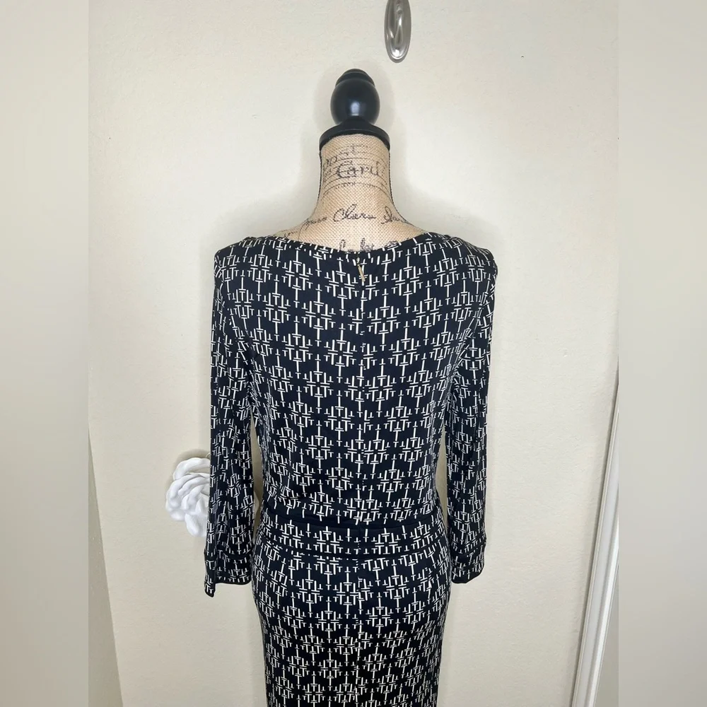 NTM: Tory Burch White Monogram Print Silk Sheath Dress 3/4 Sleeve Size L